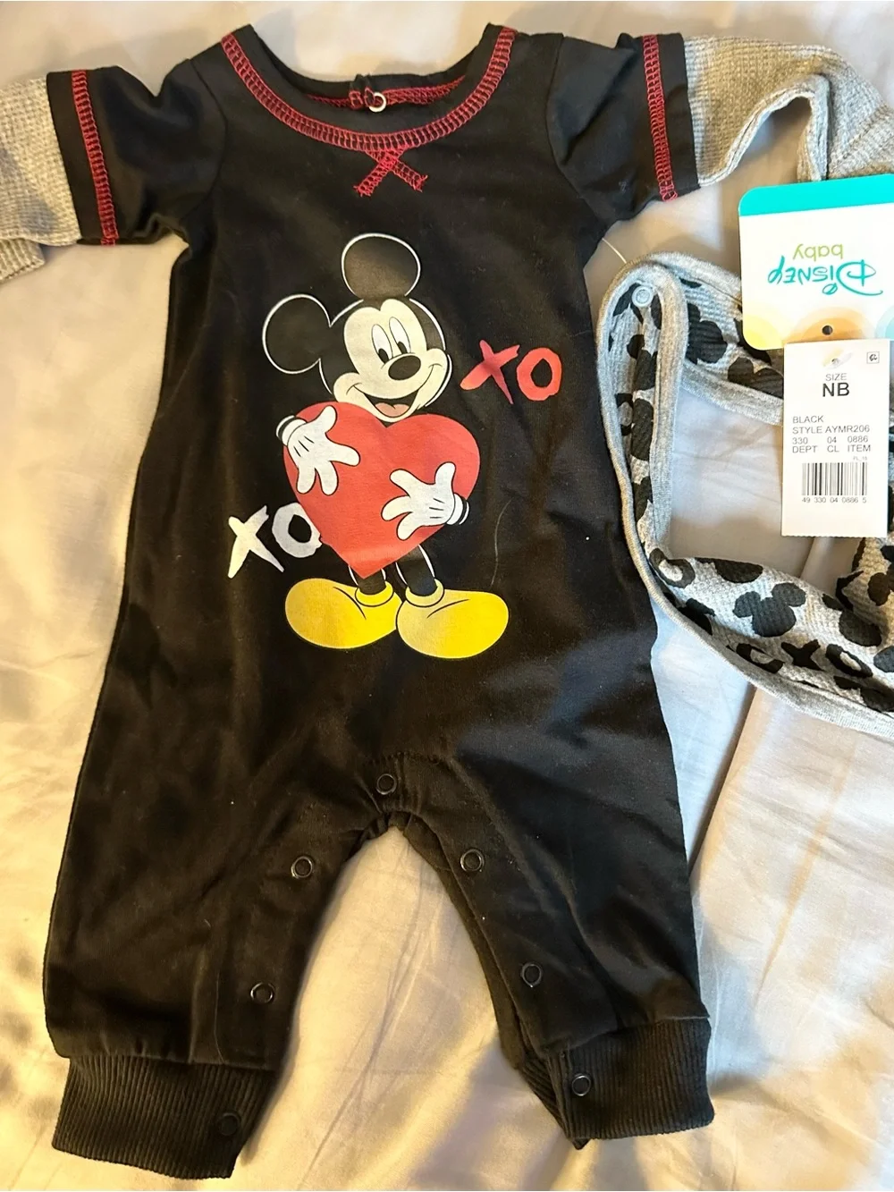 Disney Black Mickey Mouse Heart Romper with Red & Yellow Accents